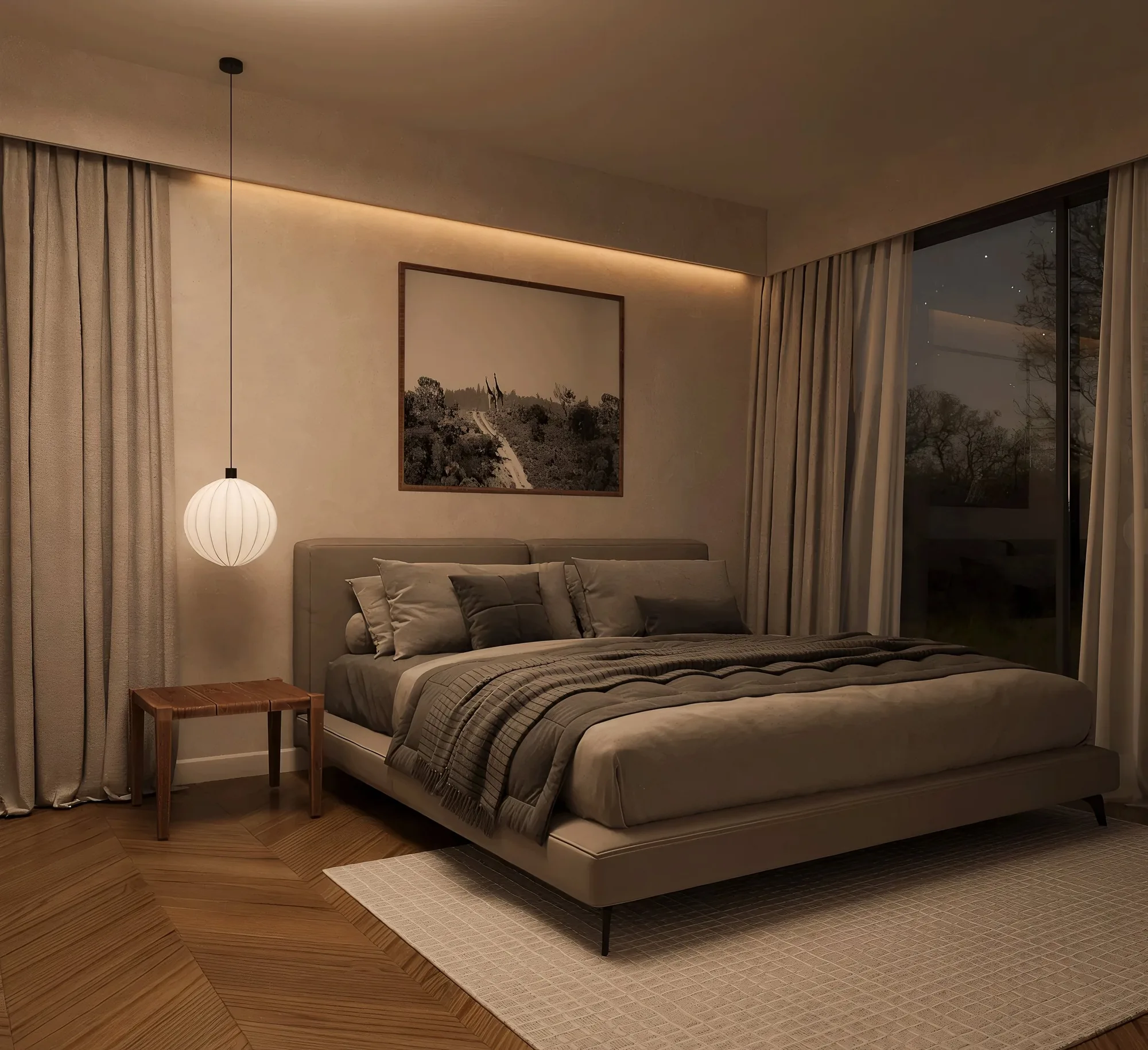 Dormitorio principal con luz cálida